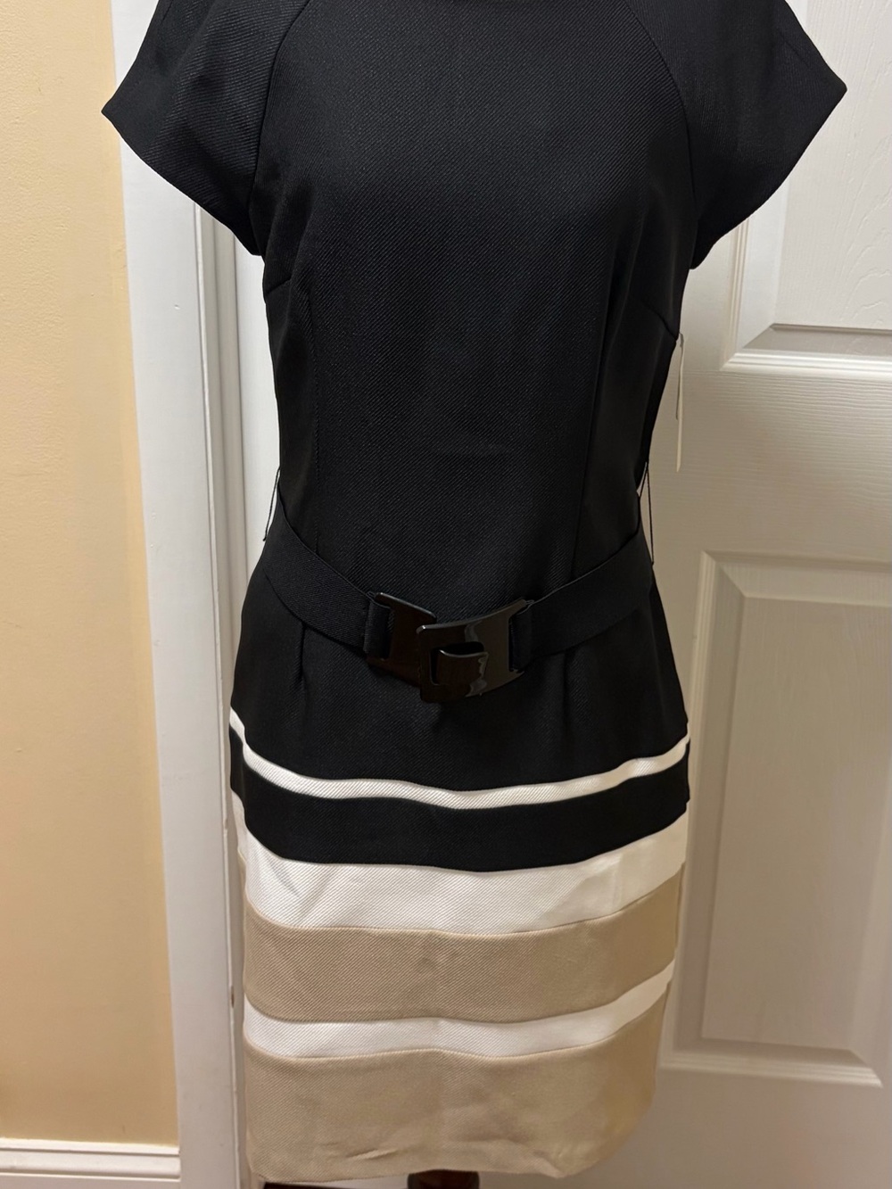 Sandra Darren Black, White and Beige Striped Belted Pencil Skirt